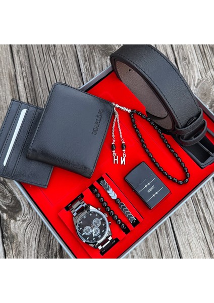 Hediyelik Kişiye Özel Erkek Kol Saati Kemer Cüzdan Kartlık Çakmak Tesbih Bileklik Seti KMRSET19