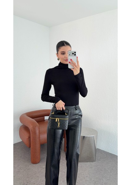 Likralı Siyah Balıkçı Bluz