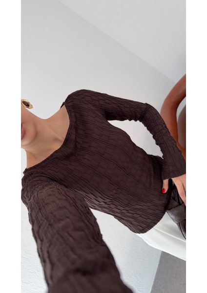 Kendinden Desenli Kahve Bluz modelleri