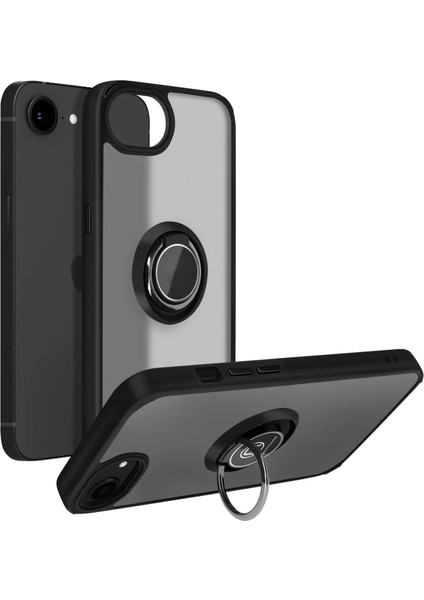 Apple iPhone 16E Uyumlu Kılıf Yüzüklü Standlı Extra Darbe Koruma Sert Silikon Kapak - Siyah