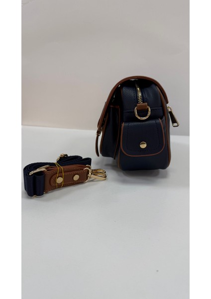 , Toka Aksesuar Detaylı,kapaklı,çok Gözlü,lacivert Taba Kadın Çapraz Çantası fırsatları
