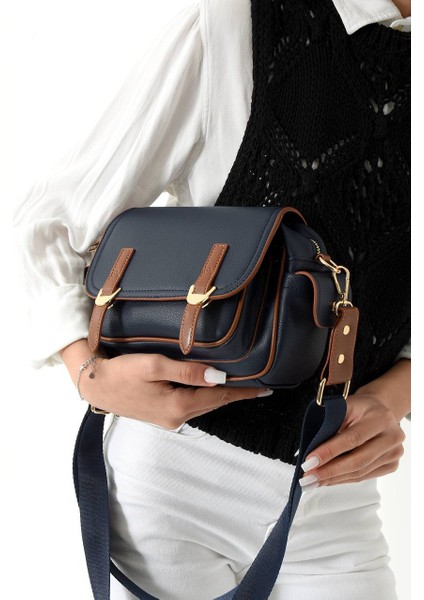 , Toka Aksesuar Detaylı,kapaklı,çok Gözlü,lacivert Taba Kadın Çapraz Çantası