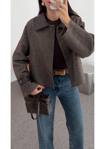 Deri Yakalı Kahve Ceket