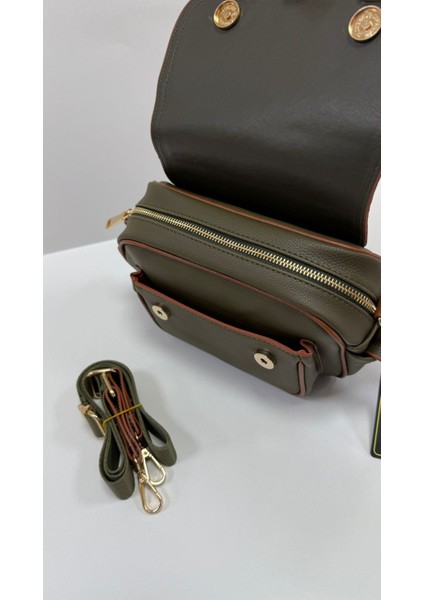 , Toka Aksesuar Detaylı,kapaklı,çok Gözlü, Haki Taba Kadın Çapraz Çantası indirimleri