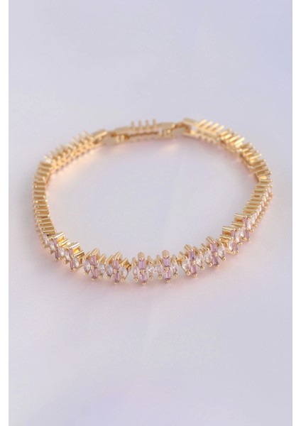 Bfs Vip Seri Pirinç Pembe Zirkon Taşlı Gold Renk Baget Model Bileklik