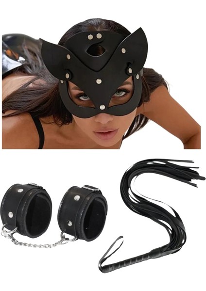 Mulvxbrf BRF02 Deri Siyah Kedi Maske Kelepçe Kırbaç Seti ( 3'lü Set) (Mulvix)