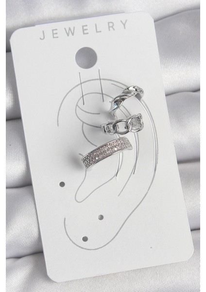 Bfs Pirinç Gümüş Renk Zirkon Taşlı 3'lü Zincir Sarmal Model Kadın Kıkırdak Küpe fiyatları