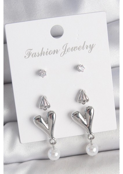 Bfs Pirinç Gümüş Renk Zirkon Taşlı Sallantılı Kalp Model 3 Çift Kadın Küpe Seti