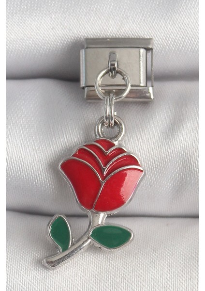 Bfs 316L Çelik Gümüş Renk Sallantı Kırmızı Gül Model Nomination Charm
