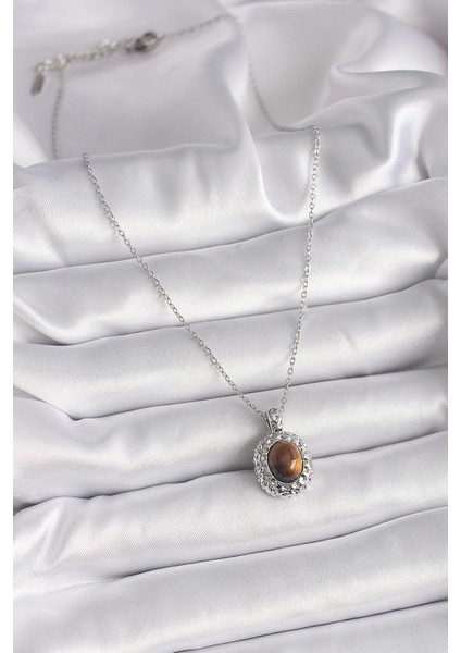 Bfs 316L Çelik Gümüş Renk Zincir Kehribar Boncuk Model Kadın Kolye fiyatları