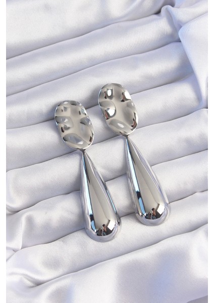 Bfs Pirinç Gümüş Renk Uzun Bombeli Ezme Plaka Küpe