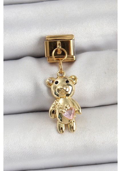 Bfs 316L Çelik Sallantılı Zirkon Taşlı Ayıcık Model Gold Renk Nomination Charm