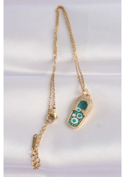 Bfs 316L Çelik Zincir Zirkon Taşlı Altın Renk Nazarlı Terlik Tasarımlı Kolye fiyatları