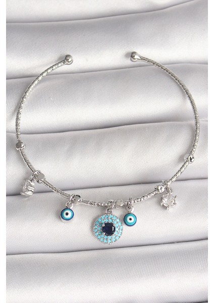Bfs Pirinç Gümüş Renk Sallantı Zirkon Taşlı Nazar Boncuk Figür Charm Kadın Bileklik
