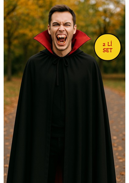 Cadılar Bayramı Halloween Kostüm Partisi Vampir Kan Emici Kont Drakula Pelerin+Takma Diş Kostüm Seti