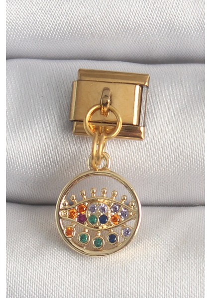 Bfs 316L Çelik Gold Renk Sallantı Renkli Zirkon Taşlı Göz Model Nomination Charm