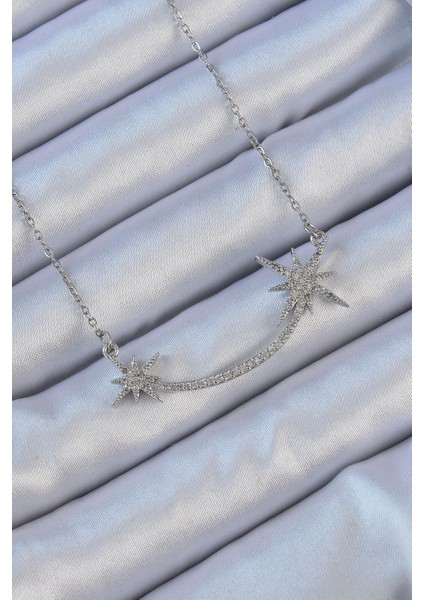 Bfs 316L Çelik Zincir Gümüş Renk Zirkon Taşlı Kutup Yıldızı Kolye