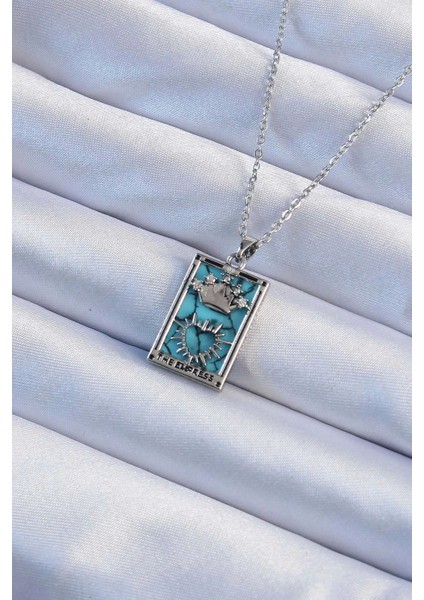 Bfs 316L Çelik Zincir Gümüş Renk Zirkon Taşlı Mavi Mermer Desenli Taç Model Tarot Kolye