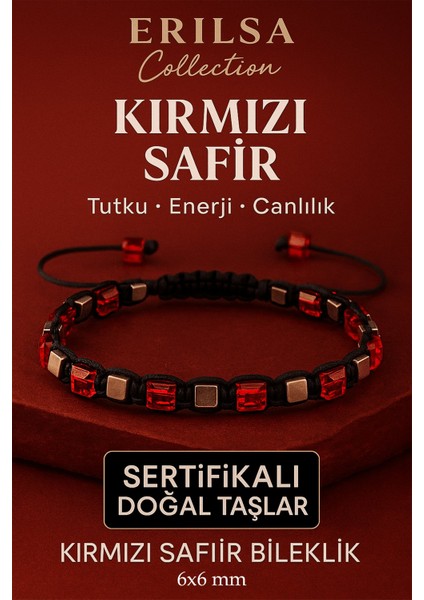 Sertifikalı Doğal Terahertz - Kırmızı Safir Taşı Bileklik 6x6 mm - Tutku ve Güç Taşı