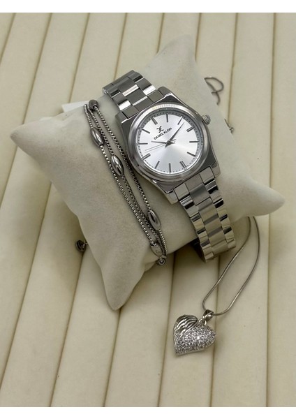 Orijinal Kadın Kol Saati 2 Yıl Garantili Çelik Kolye ve Bileklik Seti DKHB14