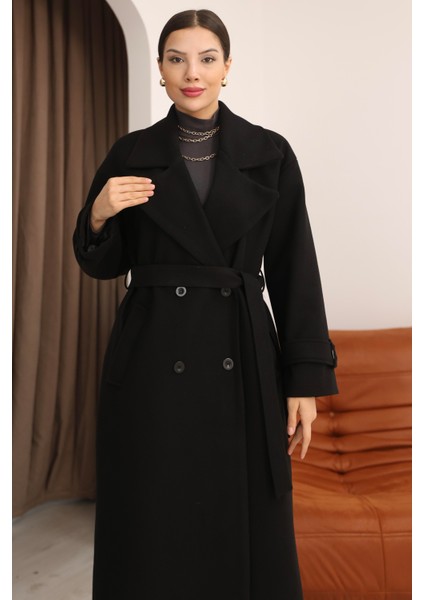 Kadın Siyah Kruvaze Oversize Kuşaklı Uzun Kaşe Kaban