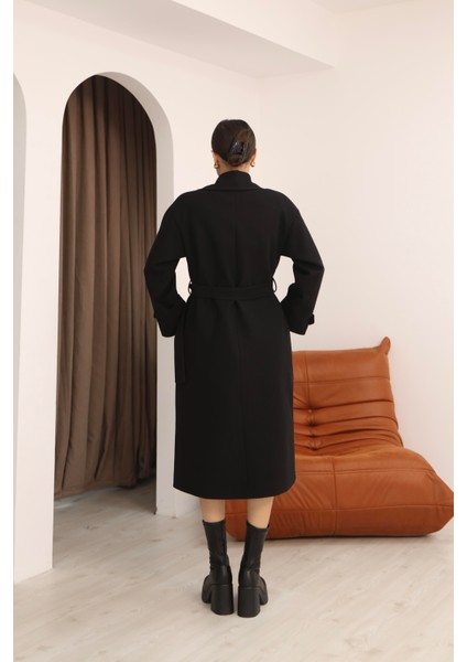 Kadın Siyah Kruvaze Oversize Kuşaklı Uzun Kaşe Kaban fiyatları