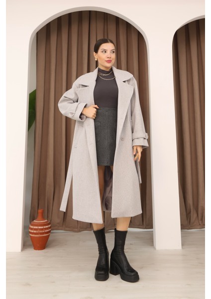 Kadın Gri Kruvaze Oversize Kuşaklı Uzun Kaşe Kaban