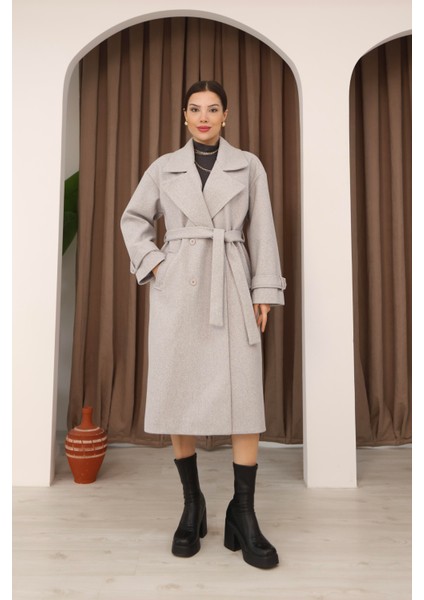 Kadın Gri Kruvaze Oversize Kuşaklı Uzun Kaşe Kaban fiyatları