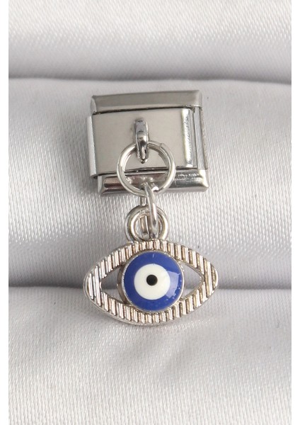Bfs 316L Çelik Gümüş Renk Nazar Boncuk Detaylı Göz Model Nomination Charm
