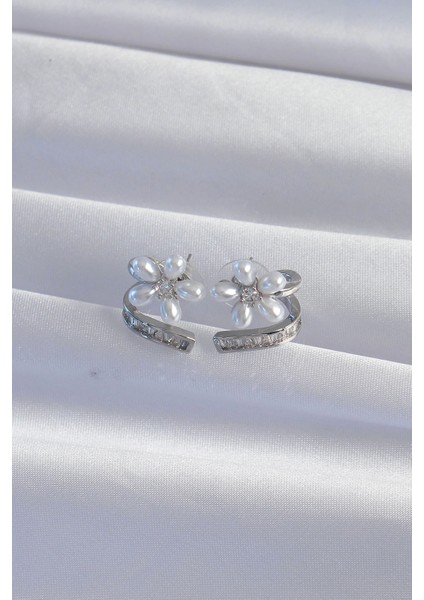 Bfs Pirinç Gümüş Renk Zirkon Taşlı Kıvrımlı Inci Çiçek Küpe fiyatları