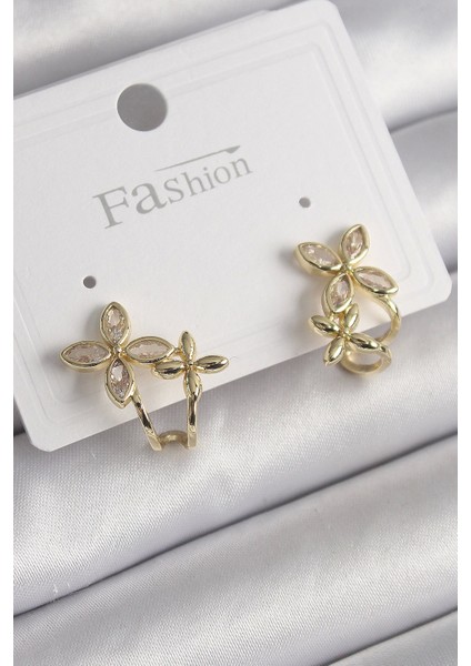 Bfs Pirinç Gold Renk Zirkon Taşlı 2'li Çiçek Model Kadın Küpe