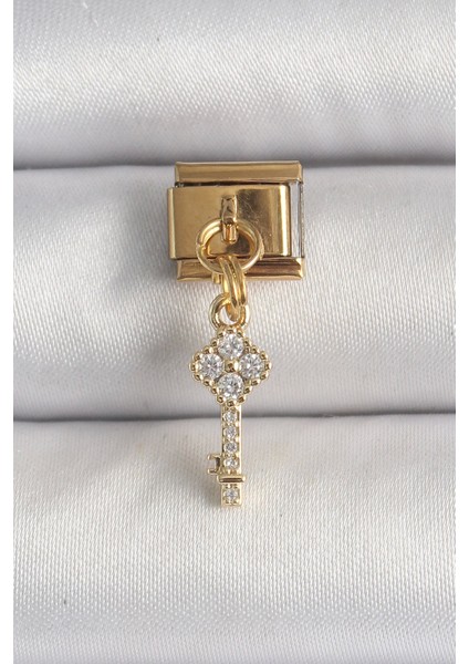 Bfs 316L Çelik Gold Renk Sallantı Zirkon Taşlı Anahtar Model Nomination Charm