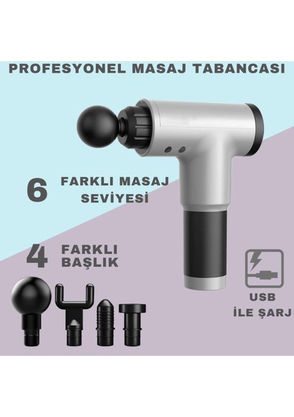 Masaj Tabancası 4 Başlıklı Sporcu Masaj Aleti 6 Kademeli Boyun Bel Sırt Bacak Renk Seçilemez