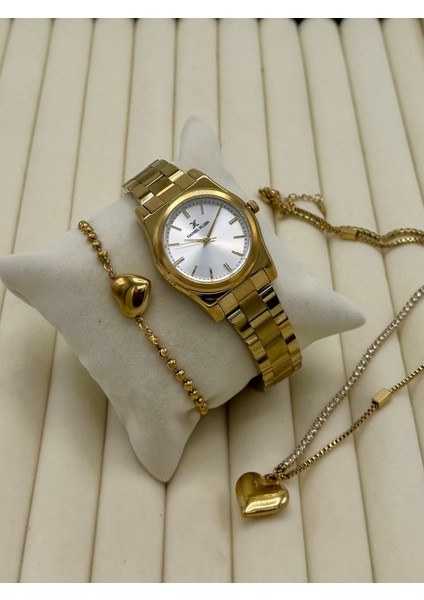 Şık Orijinal Kadın Kol Saati 2 Yıl Garantili Çelik Kolye ve Bileklik Set DKHB21