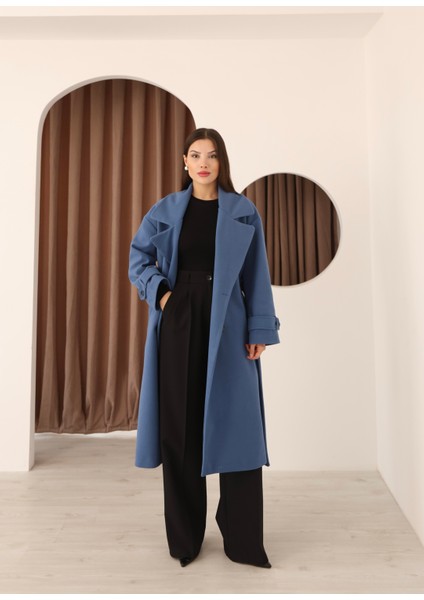 Kadın Indigo Kruvaze Oversize Kuşaklı Uzun Kaşe Kaban