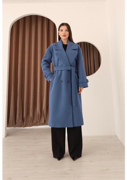 Kadın Indigo Kruvaze Oversize Kuşaklı Uzun Kaşe Kaban fiyatları