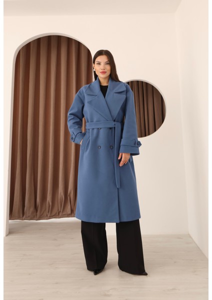 Kadın Indigo Kruvaze Oversize Kuşaklı Uzun Kaşe Kaban fırsatları