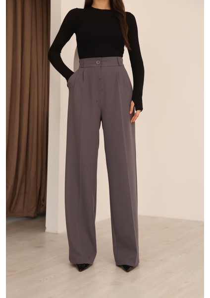 Kadın Antrasit Arkası Lastikli Palazzo Pantolon modelleri