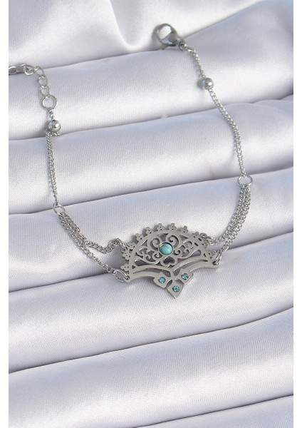 Bfs 316L Çelik Gümüş Renk Mavi Taşlı Etnik Desen Kadın Bileklik