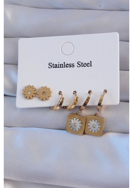 Bfs 316L Çelik Gold Renk Zirkon Taşlı Sedefli Papatya Model Halka Küpe Seti