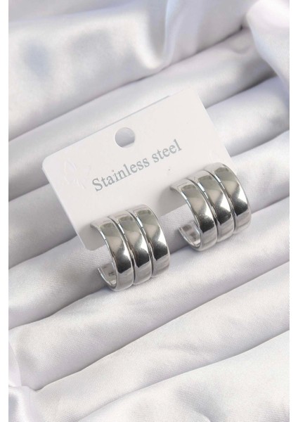 Bfs 316L Çelik Gümüş Renk 3lü Görünüm Bombe Model Yarım Halka Küpe