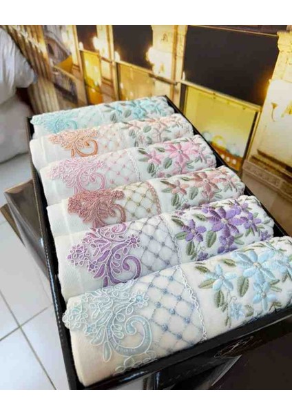 %100 Pamuklu 50×90 Ağır Nakışlı Güpürlü Lüx Kutulu Çeyizlik El ve Yüz Havlusu