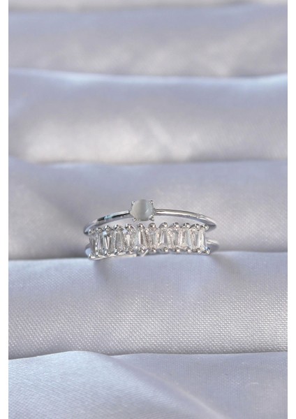 Bfs Pirinç Gümüş Renk Zirkon Taşlı Baget Su Yolu Model Ayarlanabilir Yüzük