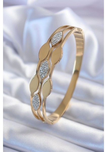 Bfs 316L Çelik Gold Renk Arpa Model Zirkon Taş Detay Kadın Kelepçe Bileklik