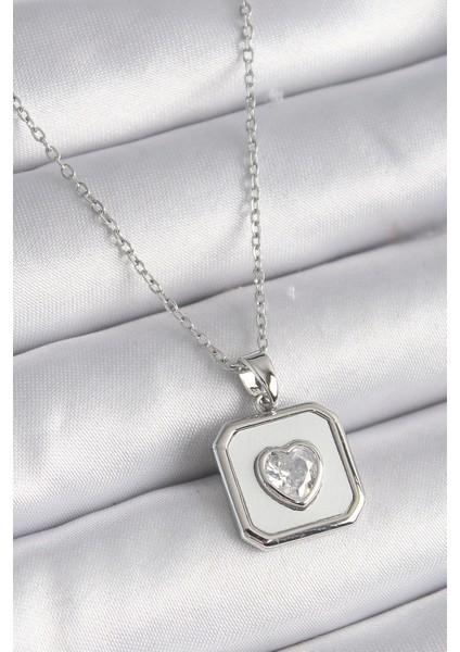Bfs 316L Çelik Gümüş Renk Kare Madalyon Kalp Zirkon Taş Işleme Kadın Kolye