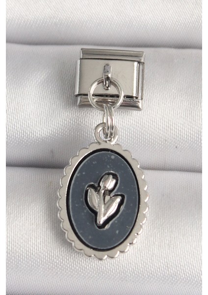 Bfs 316L Çelik Gümüş Renk Çiçek Işlemeli Siyah Portre Model Nomination Charm