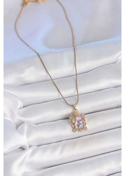 Bfs 316L Çelik Gold Renk Zincir Mor Mineli Çiçek Işlemeli Zirkon Taşlı Kelebek Detay Portre M fiyatları
