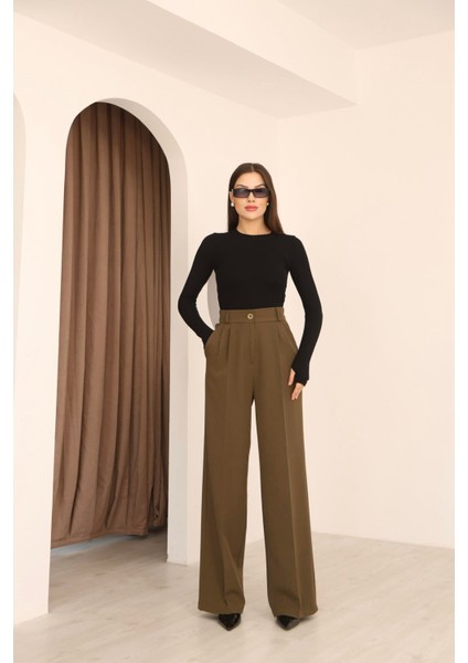 Kadın Haki Arkası Lastikli Palazzo Pantolon