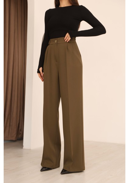 Kadın Haki Arkası Lastikli Palazzo Pantolon modelleri