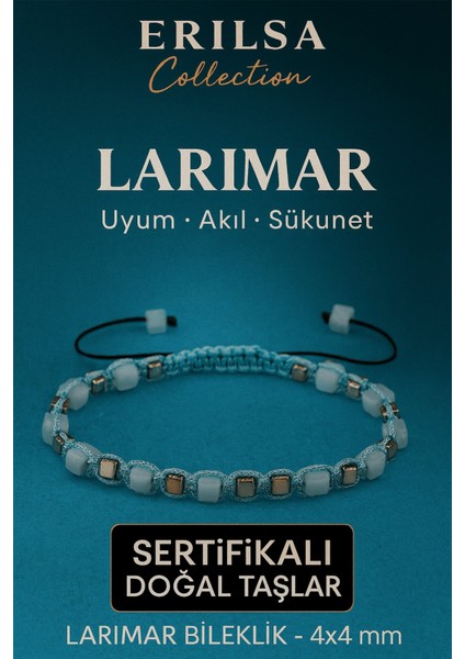 Sertifikalı Doğal Terahertz - Larimar Taşı Bileklik 4x4 mm - Uyum Sakinlik ve Şifa Taşı